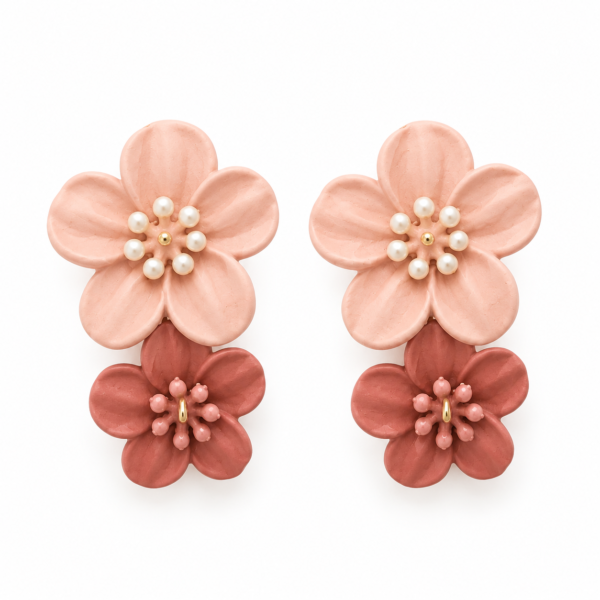 Blush and Rose Double-Flower Earrings Double Floral Drop Earrings