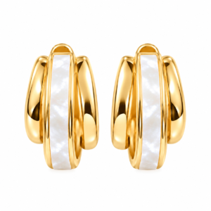 Gold Mother-of-Pearl Huggie Earrings IKIKATA Triple Band Pearl Shell Huggie Hoops