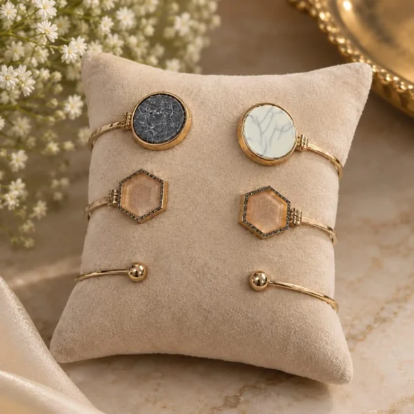 Marble Open cuff bangle set-1 IKIKATA Double-Sided Marble & Geo Bracelet Set