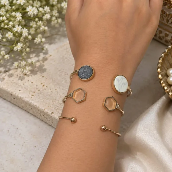 Marble Open cuff bangle set-2 IKIKATA Double-Sided Marble & Geo Bracelet Set